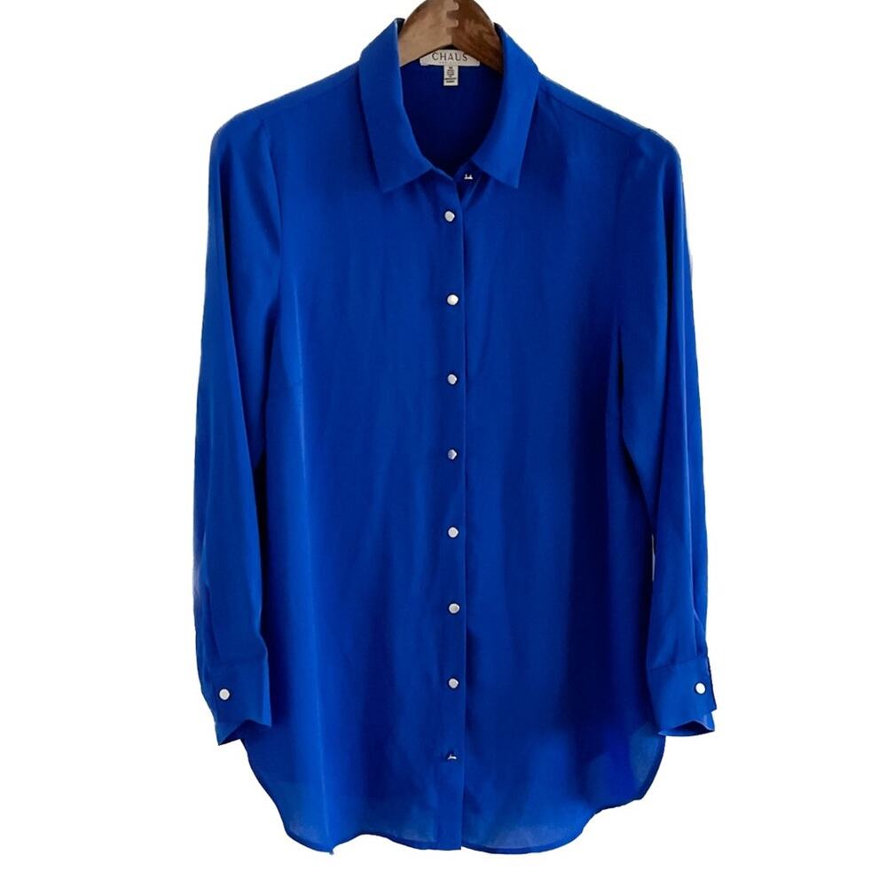 Chaus vintage semi sheer royal blue metal button secretary blouse size M medium